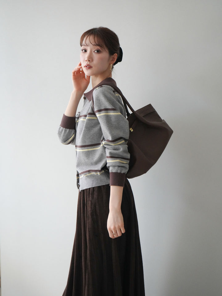 [予約]配色マルチボーダーポロニットカーディガン/gray