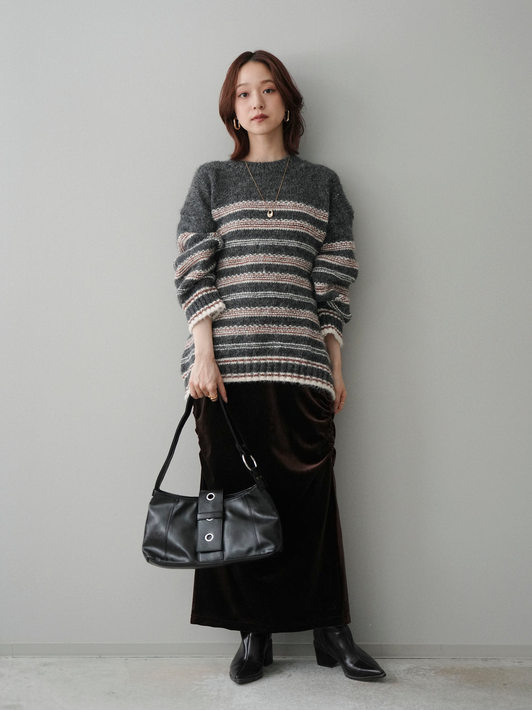 [SET]ステッチボーダーニットプルオーバー+ギャザーベロアスカート(2set)