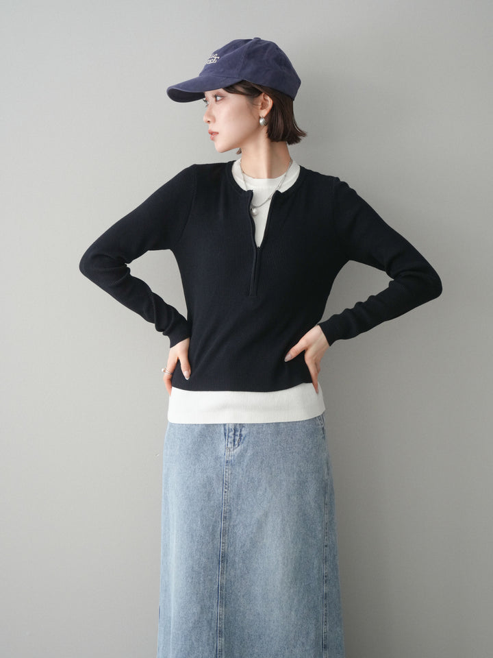 [予約]フロントジップ配色レイヤードニットトップス/navy