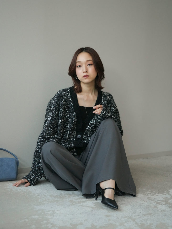 [SET]モールネップニットカーディガン+テープベルトタックバギーパンツ(2set)