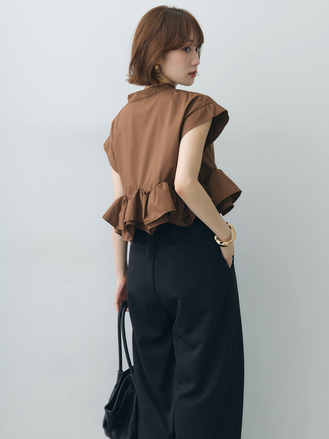 [予約]ブロードフレンチフリルヘムブラウス/brown