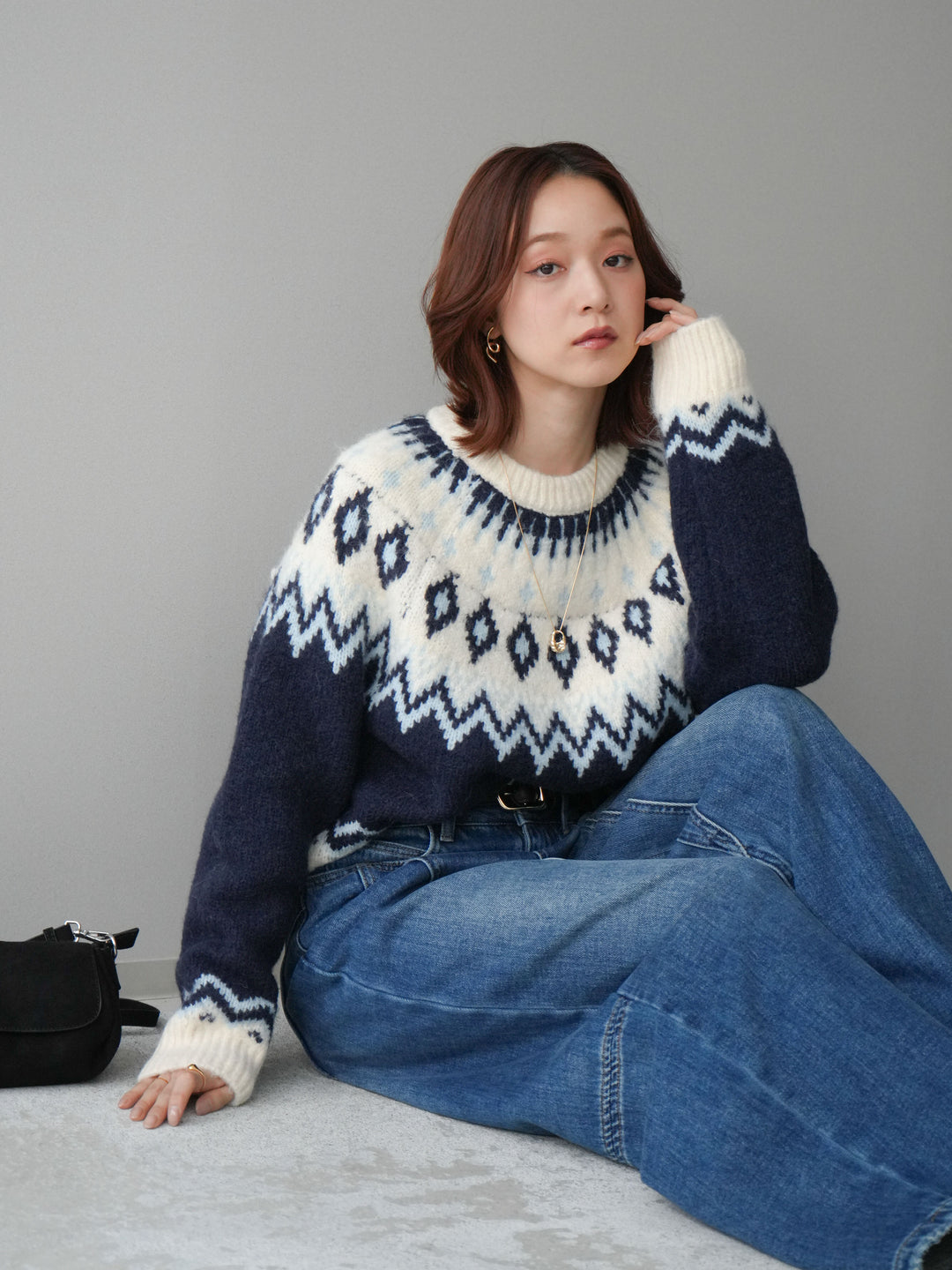 [予約]ノルディック柄ニットプルオーバー/navy