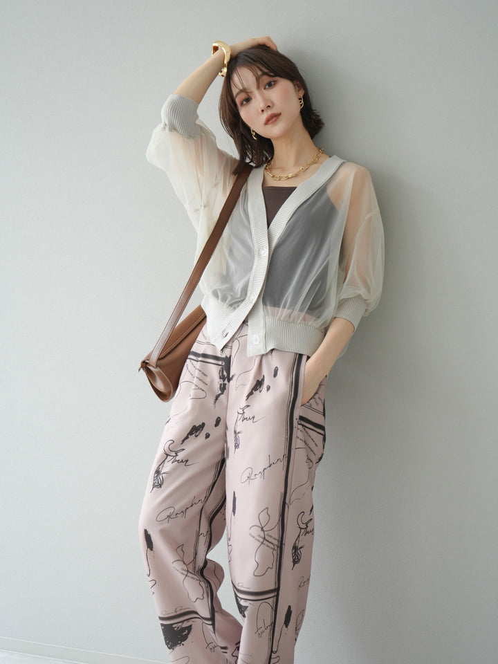 [SET] 透視半袖褶皺開襟衫 + 彩繪圖案褶襉褲 (2set)