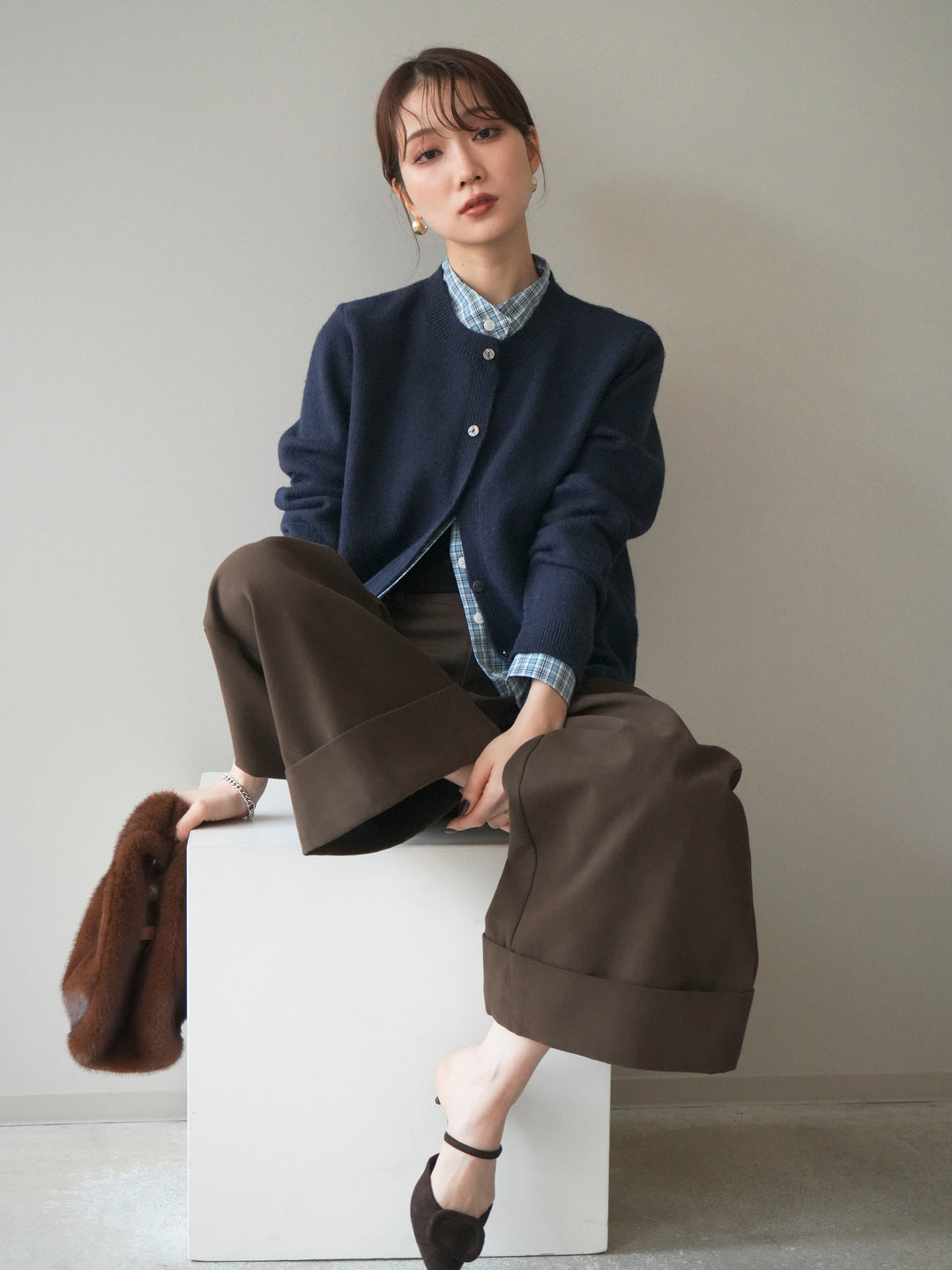 [予約]チェックシャツレイヤードデザインニットカーディガン/navy