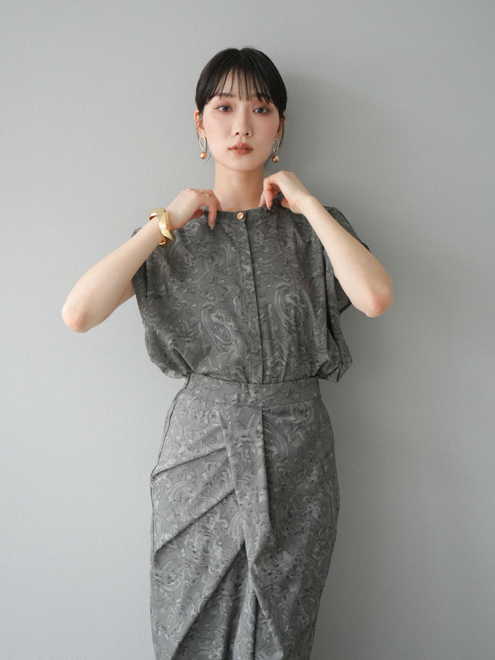 [SET]ペイズリープリントゴールドボタンブラウス+ペイズリープリントタックIラインスカート(2set)