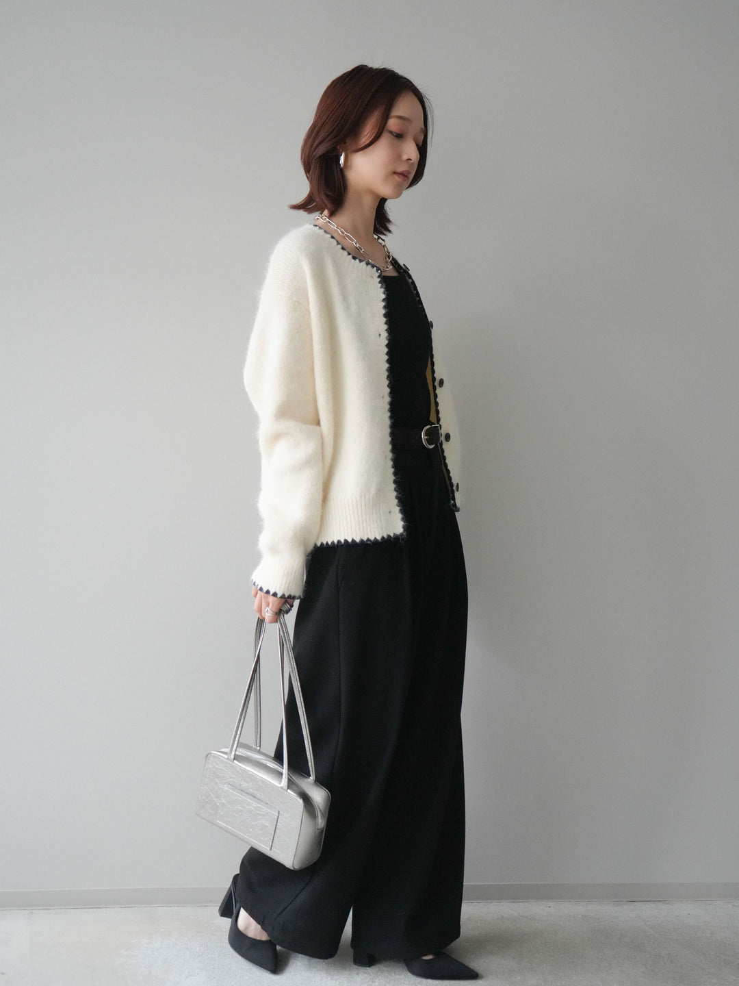 [SET]三角ステッチニットカーディガン+アニマル柄ベルト付きウールタッチワイドパンツ(2set)