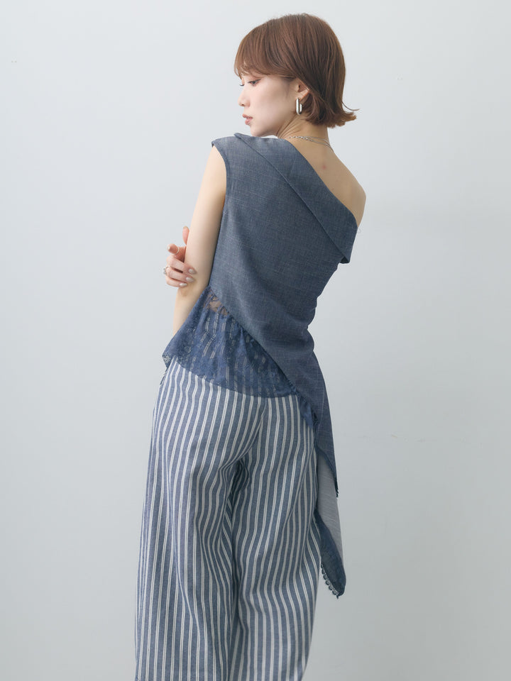[予約]アシンメトリーラッフルレースヘムトップス/blue