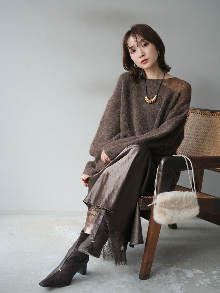 [予約]ネック透かし編みニットプルオーバー/ダークブラウン