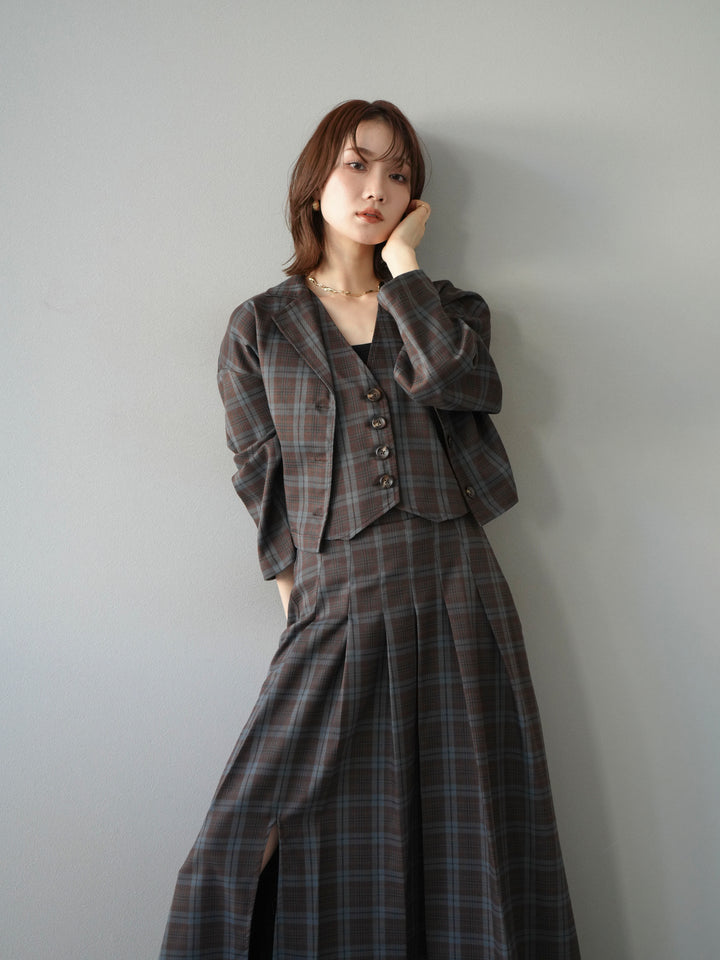 [SET]チェック柄ショートジャケット+チェック柄ベスト+チェック柄タックフレアスカート(3set)