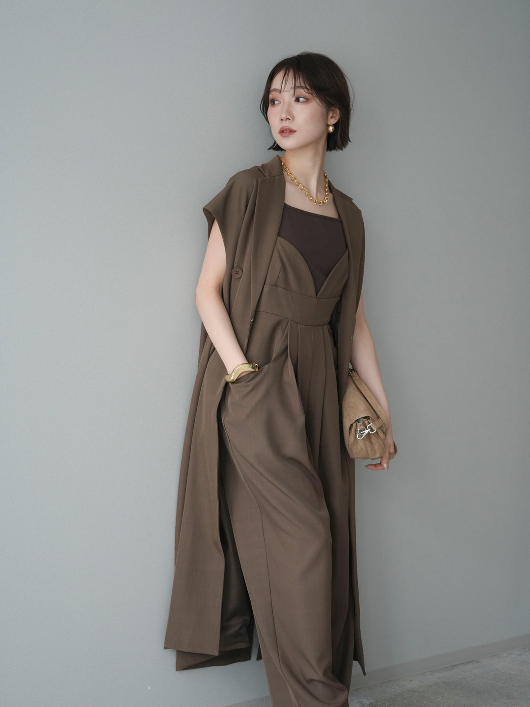 [予約]フレンチスリーブロングジレ/brown