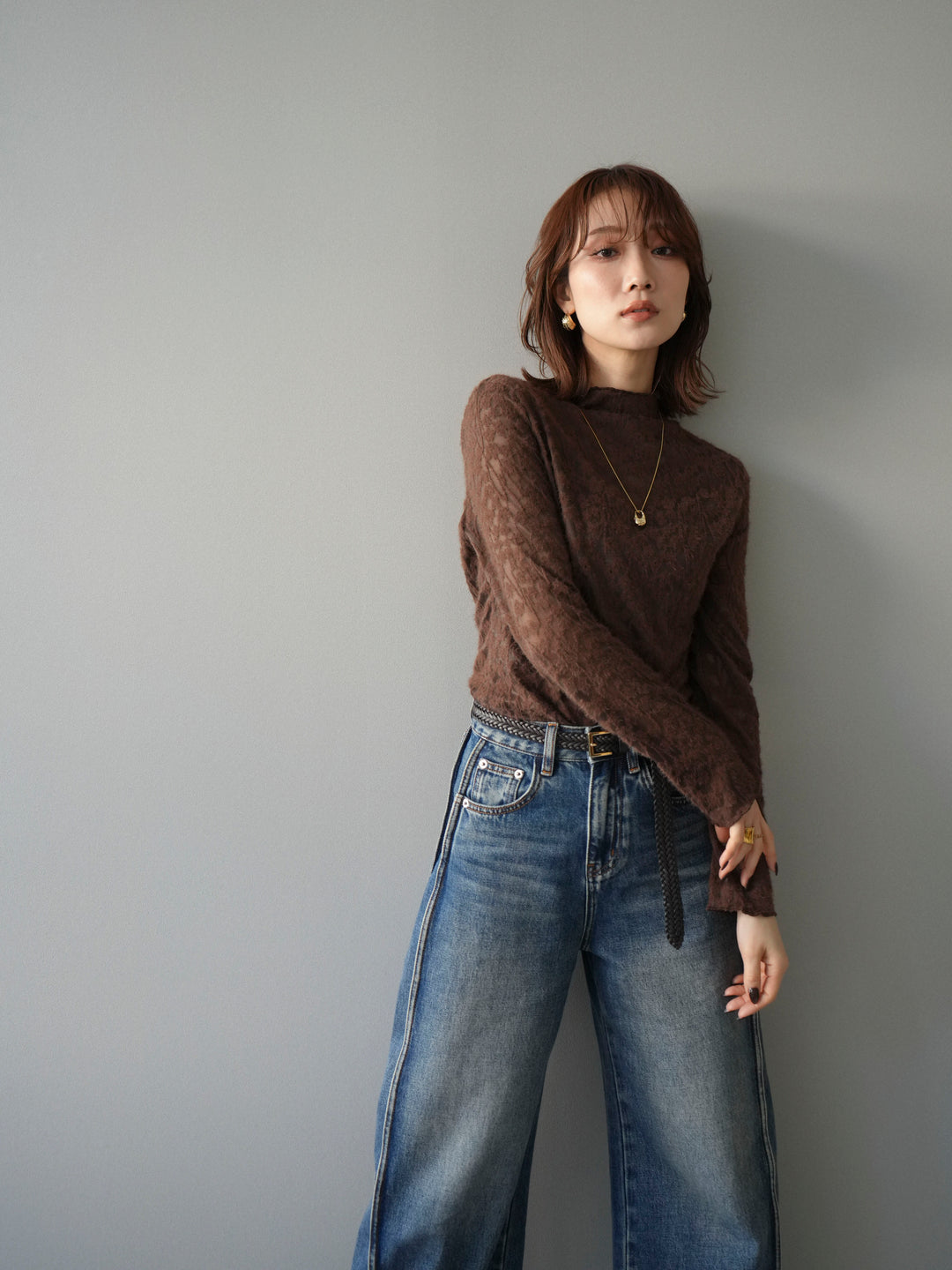 [予約]起毛レースプチネックトップス/brown