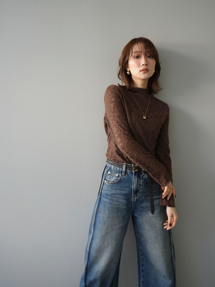 [予約]起毛レースプチネックトップス/brown