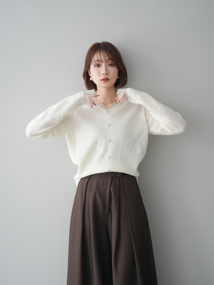 [SET]ドットチュールレイヤードボタンニットトップス+テープベルトタックバギーパンツ(2set)