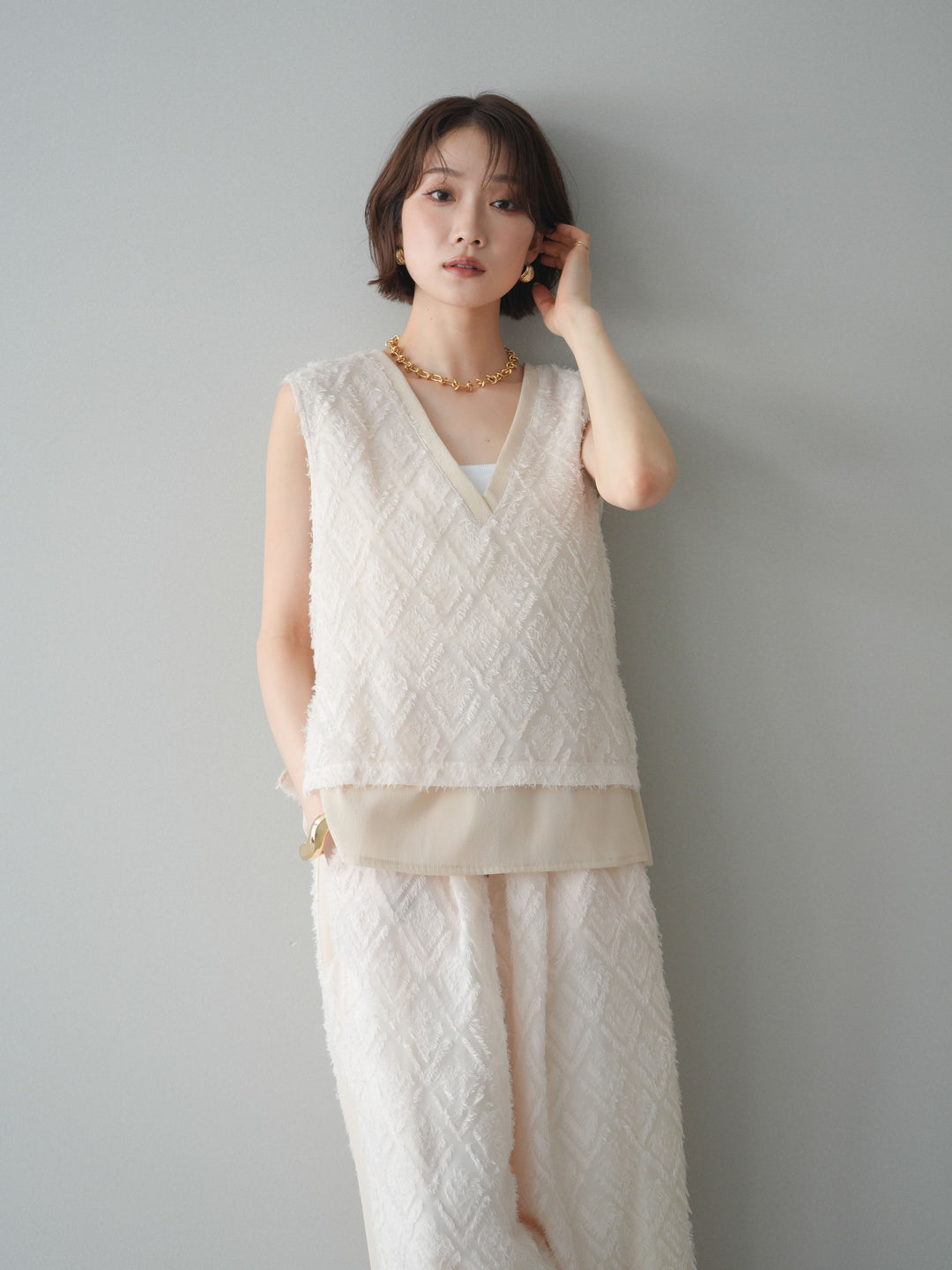 [SET]フリンジレイヤードVネックノースリーブ+選べるアクセセット(2set)