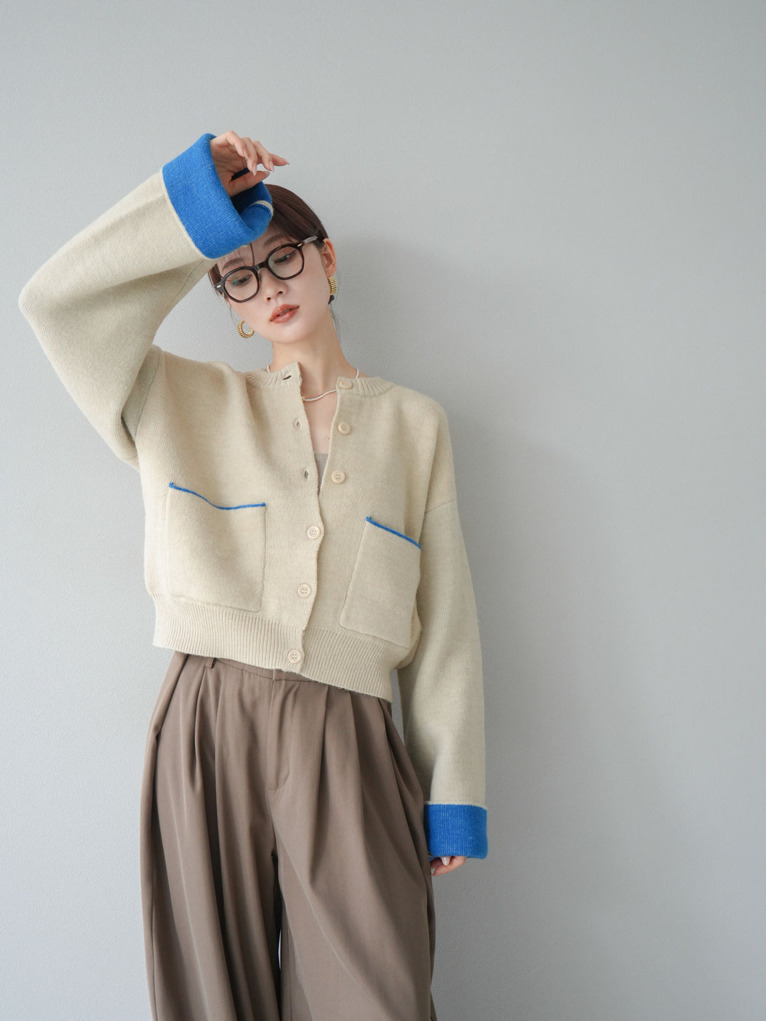 【SET】雙色針織開襟衫+褶襉設計寬褲（2套）