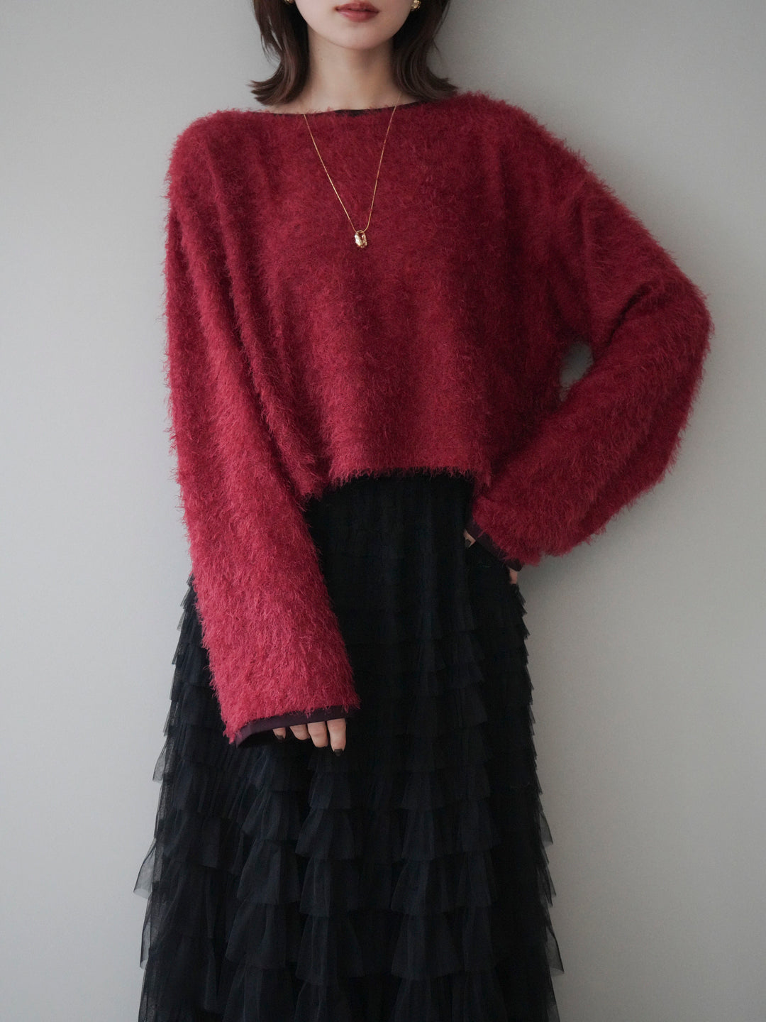 [予約]バイカラー2WAYシャギーニットカーディガン/red