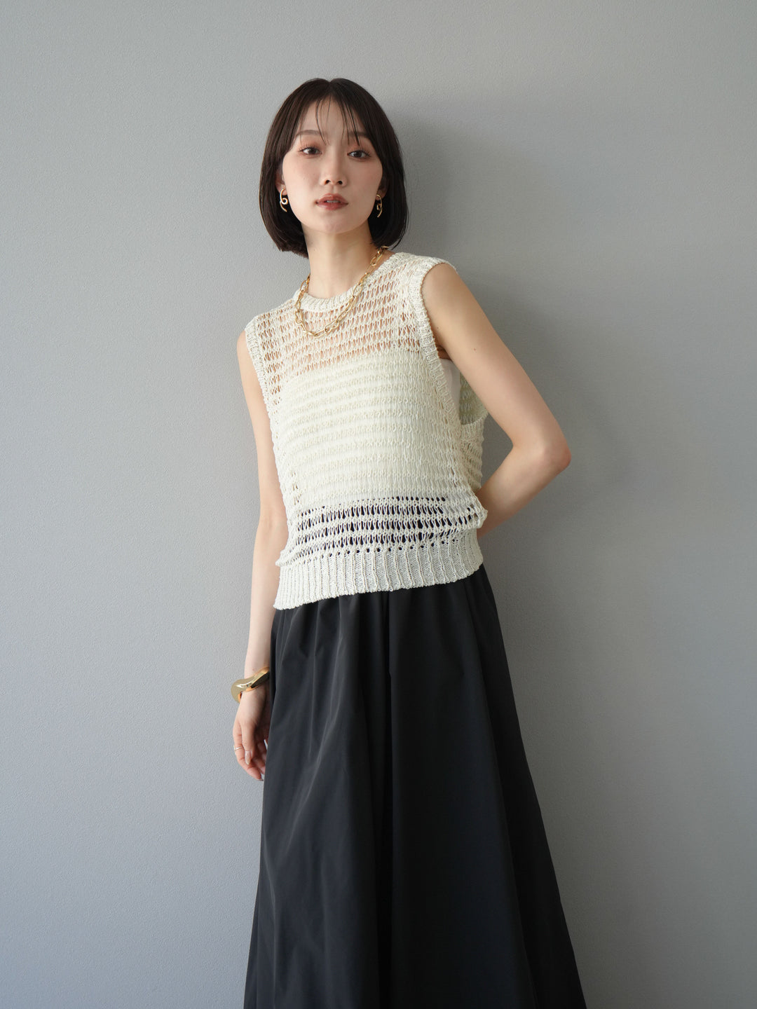 [予約]ミックスヤーン透かし編みニットタンクトップ/アイボリー