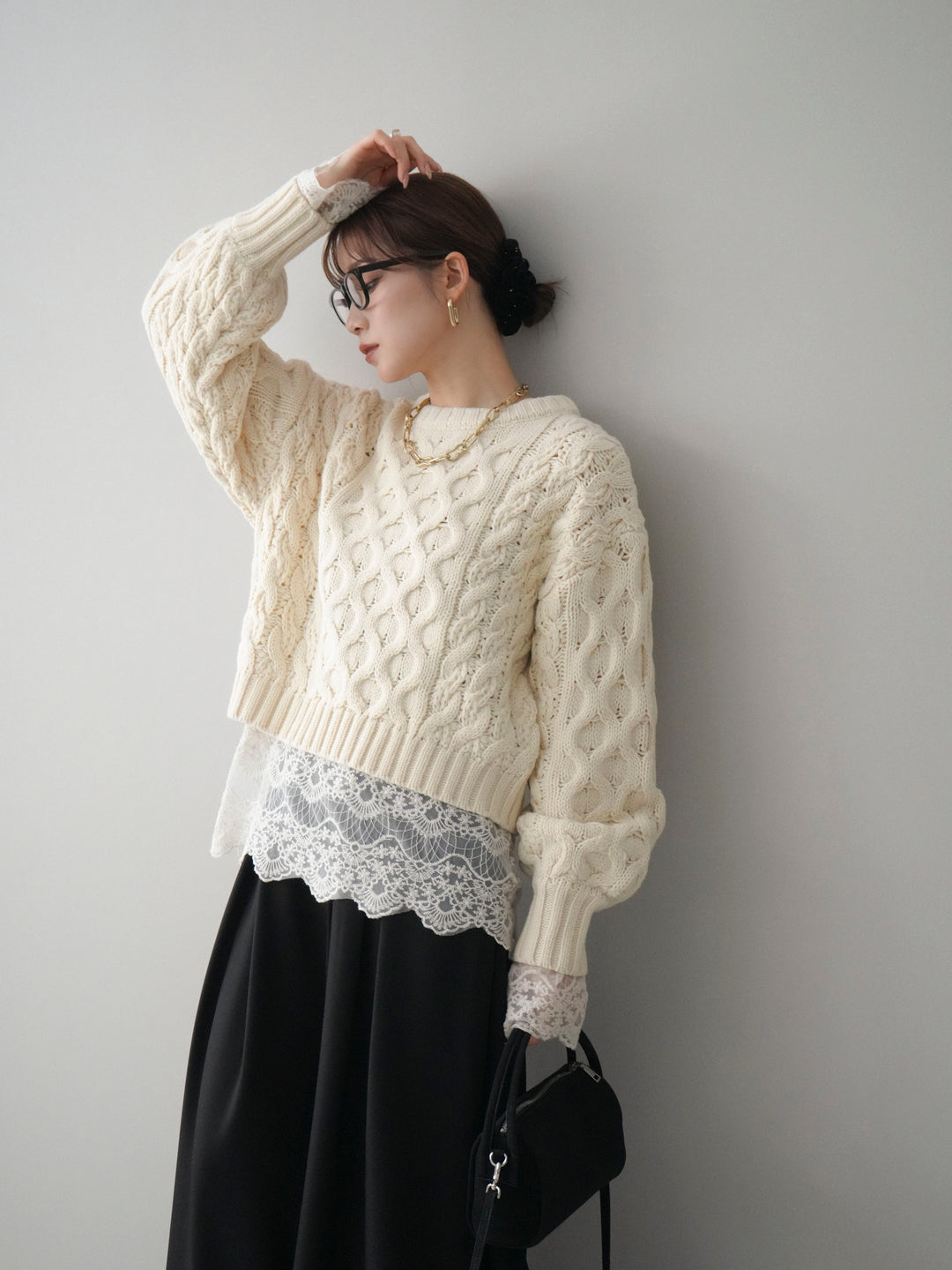 [SET]バルキーケーブルクロップドニットプルオーバー+選べるアクセセット(2set)