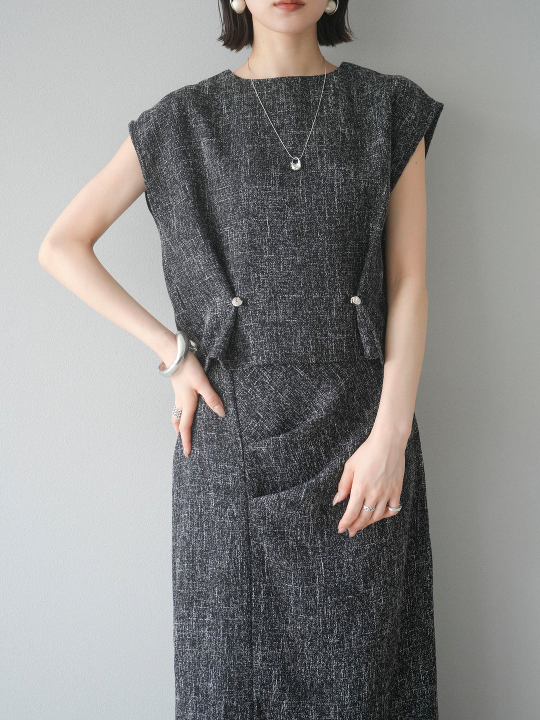 [予約]サマーツイードぺプラムブラウス/ブラックホワイト