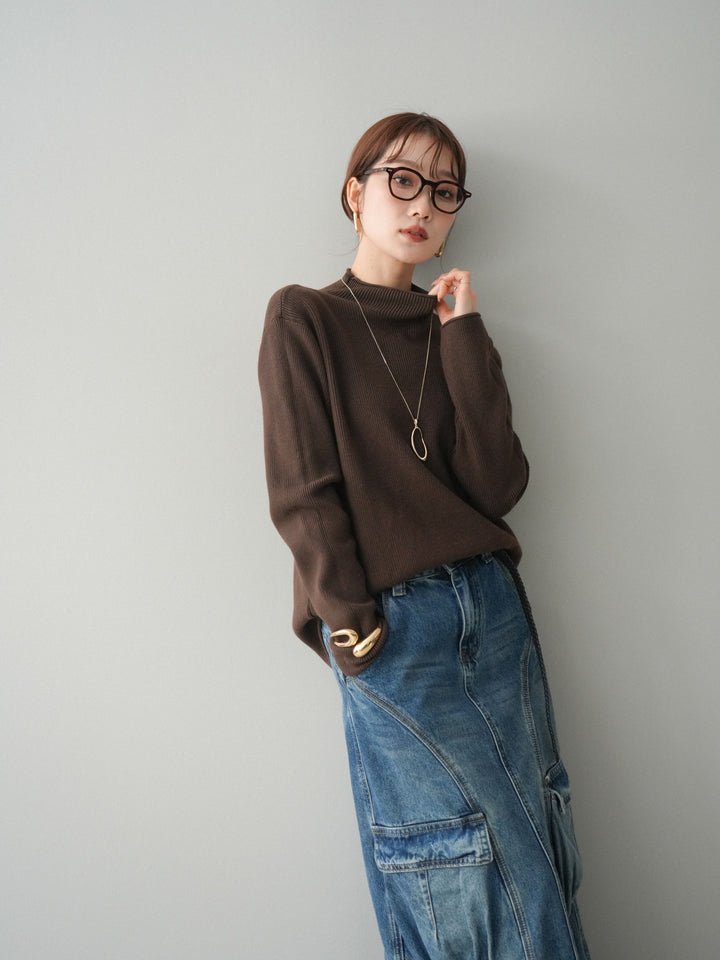 [予約]ボトルネック裾カールリブニットトップス/brown