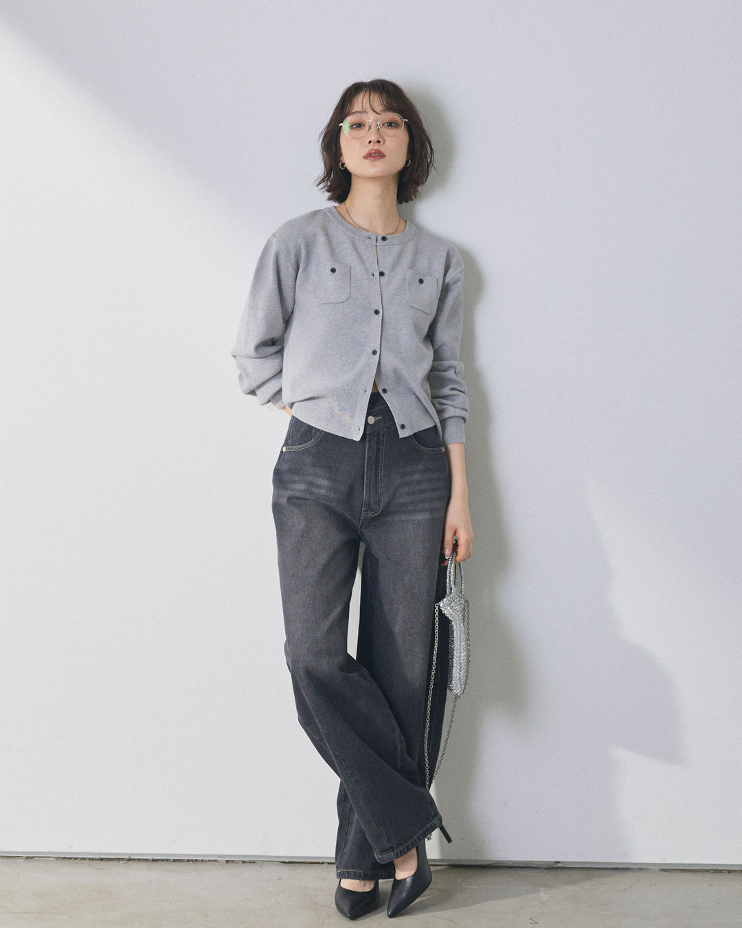 【Allure】[SET]ミニポケットニットカーディガン+アシメカーブデニムパンツ(2set)