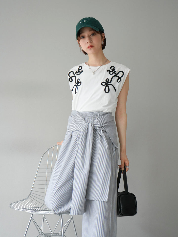 [SET]コード刺繍フレンチスリーブTシャツ+ウエスト巻きストライプイージーパンツ(2set)