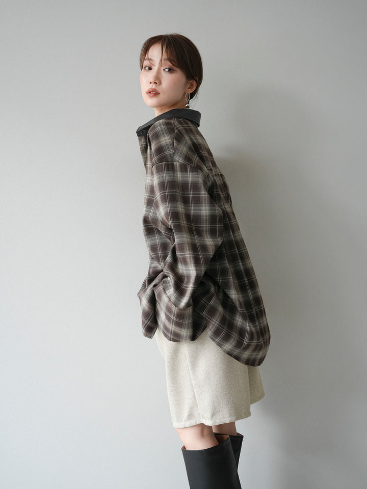 [SET]レザー襟オンブレチェックオーバーシャツ +ツイードハーフパンツ(2set)