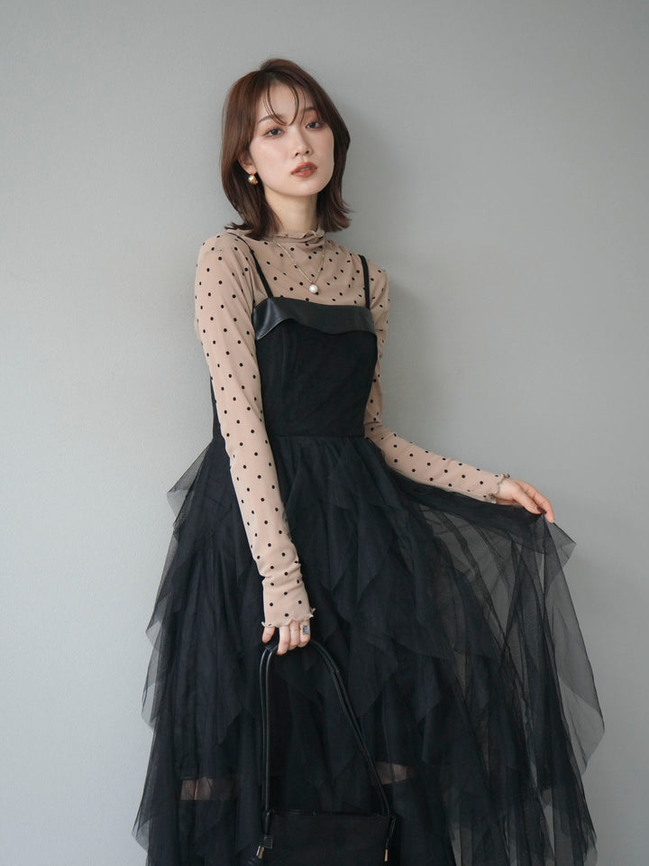 [予約]レザー切替チュールラッフルワンピース/black