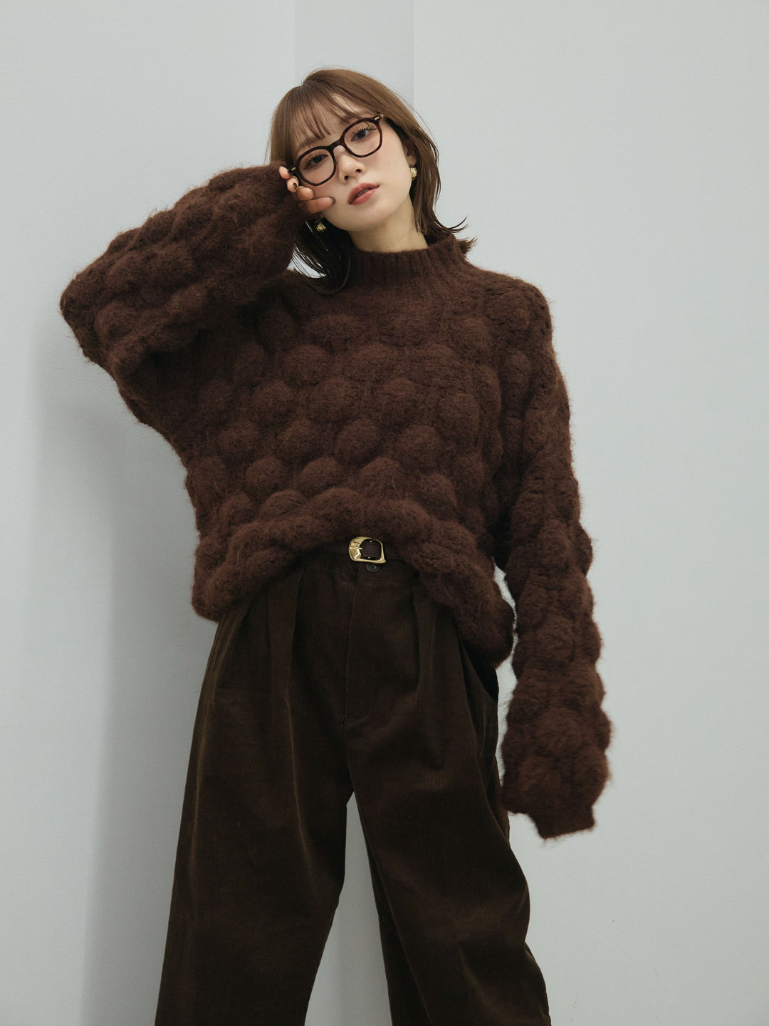 [予約]ポップコーンハイネックニットプルオーバー/brown