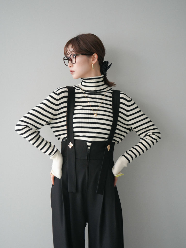 [予約]袖配色ハイネックボーダーリブニットトップス/ivorybordergreen