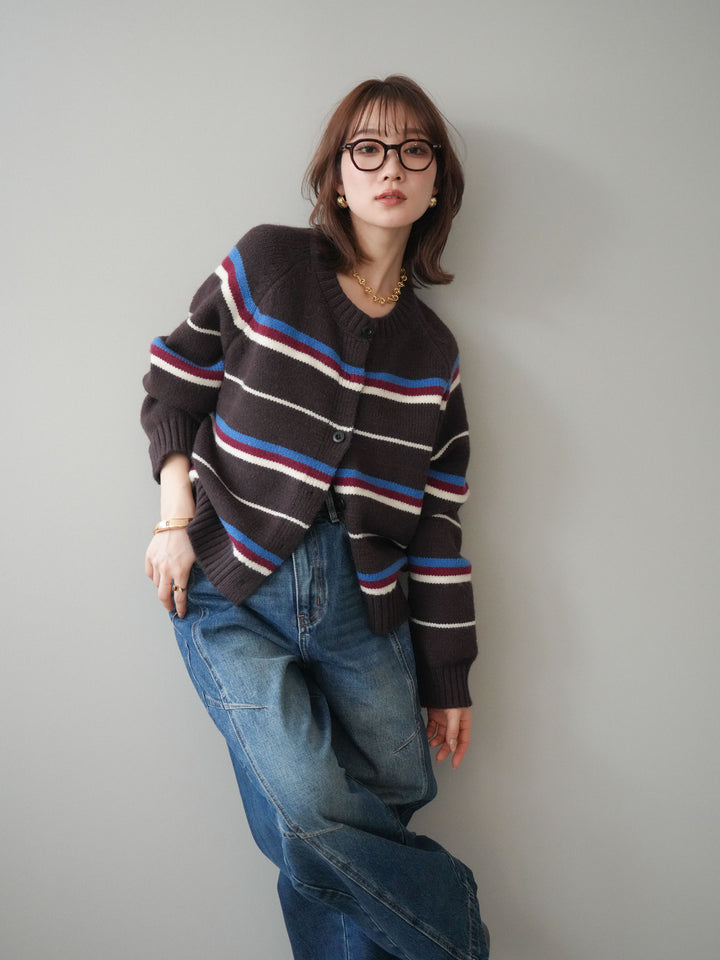 [予約]ランダムボーダーニットカーディガン/brown