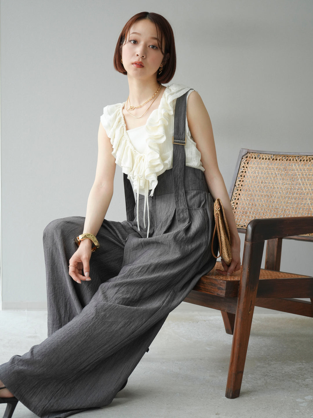 [予約]ワッシャーラッフルノースリーブブラウス/アイボリー