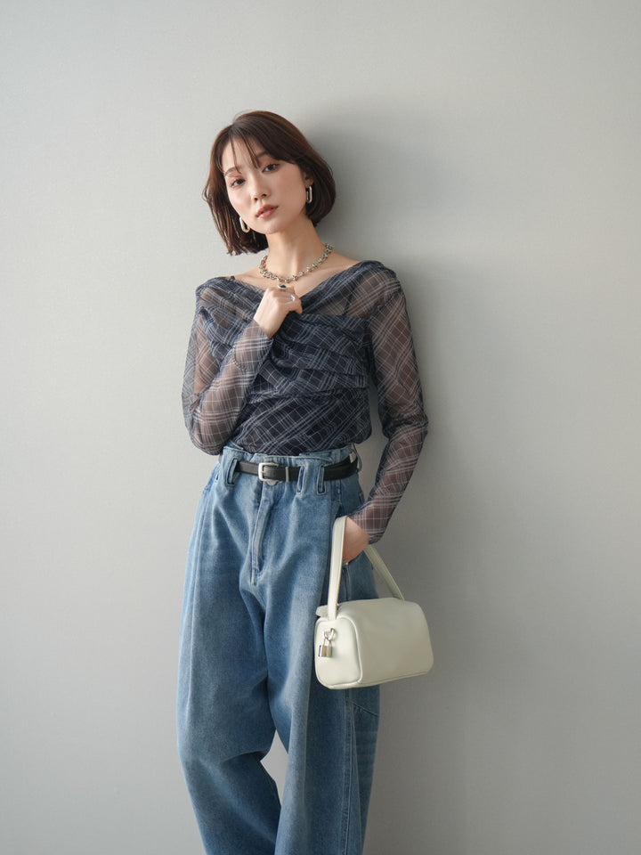 [予約]チュールバイアスチェックプリントタックネックトップス/navy