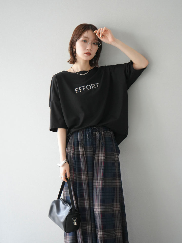 [套裝] 不同材質金屬標誌刺繡 x 印花T卹 + 透視格紋寬鬆褲（2 件套）