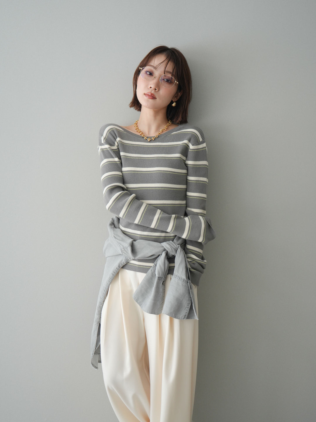 [予約]バックオープンテレコリブマルチボーダートップス/gray