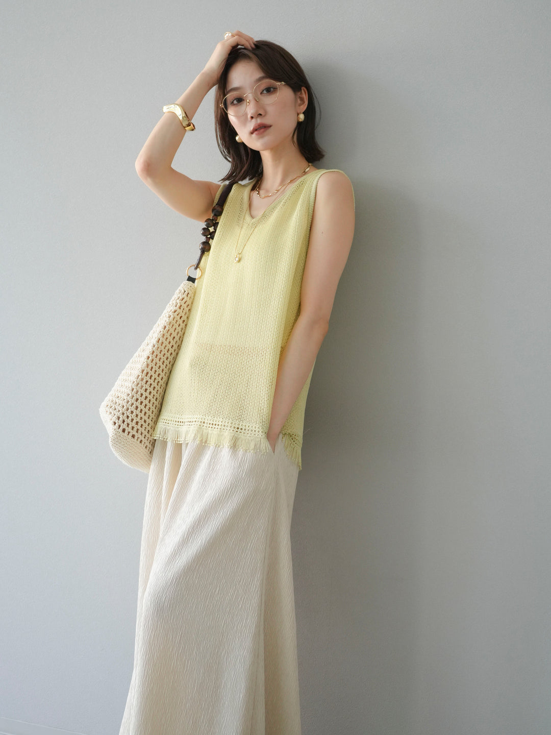 [予約]裾フリンジVネックニットタンクトップアンサンブル/イエロー