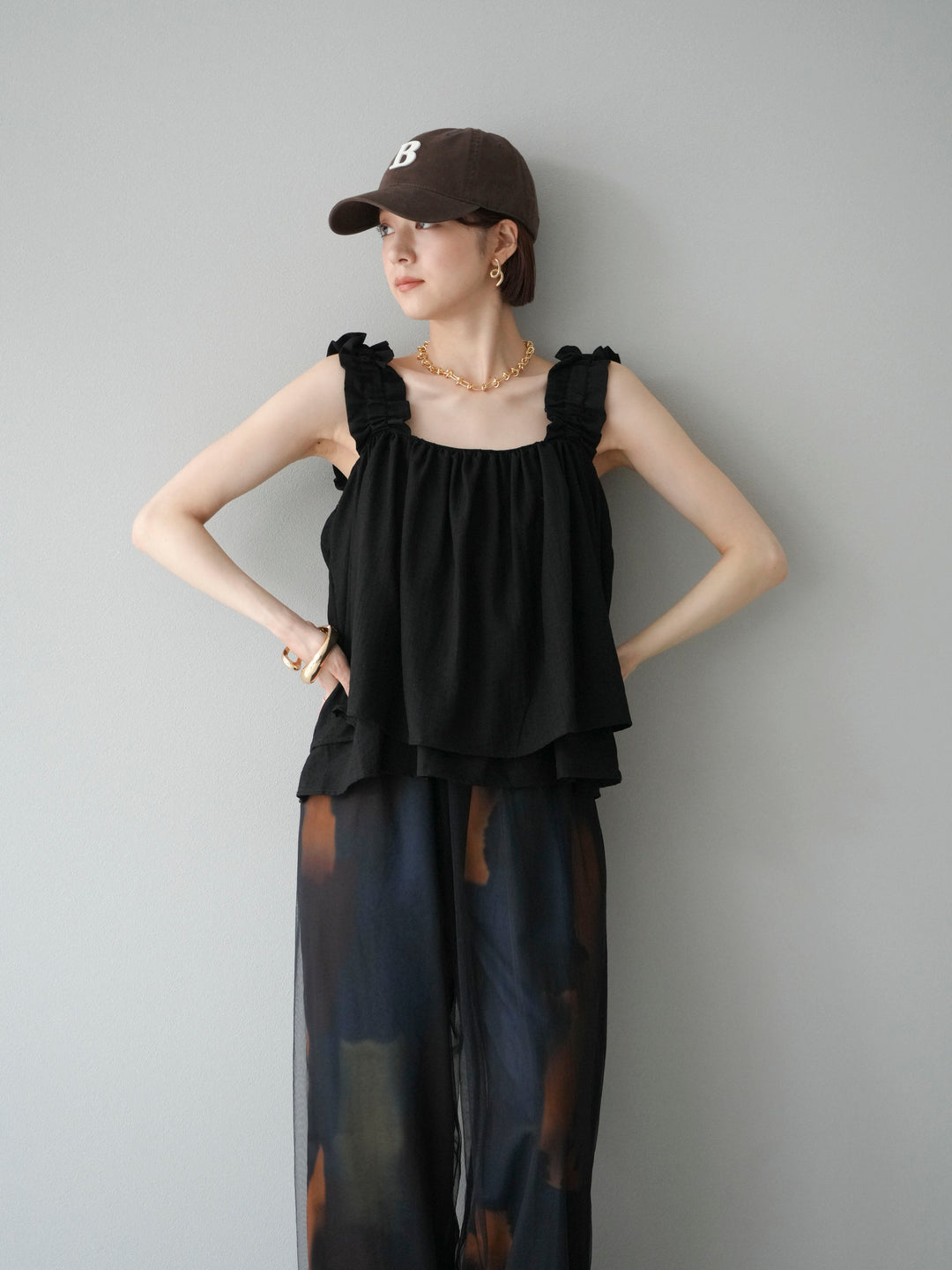 [予約]ギャザーショルダーフレアタンクトップ/ブラック