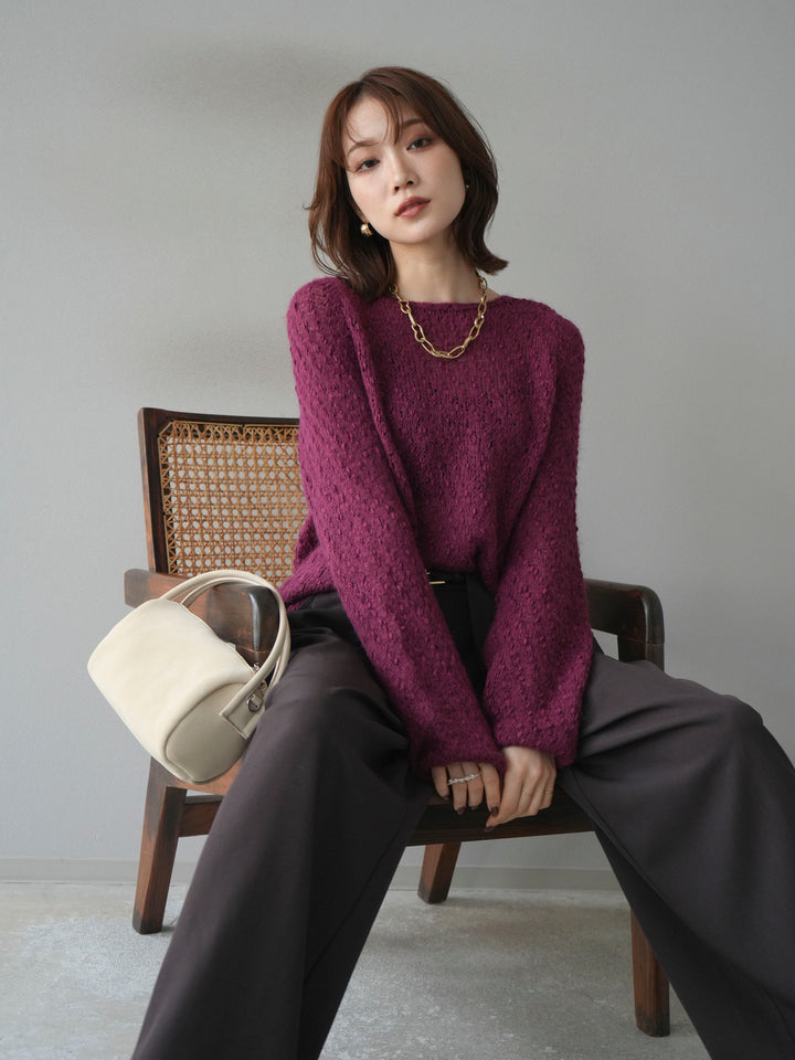 【着回しセット】[SET]求心柄クロップドニットカーディガン+異素材ミックスヤーンニットプルオーバー+ベルトループデザインワイドパンツ(3set)