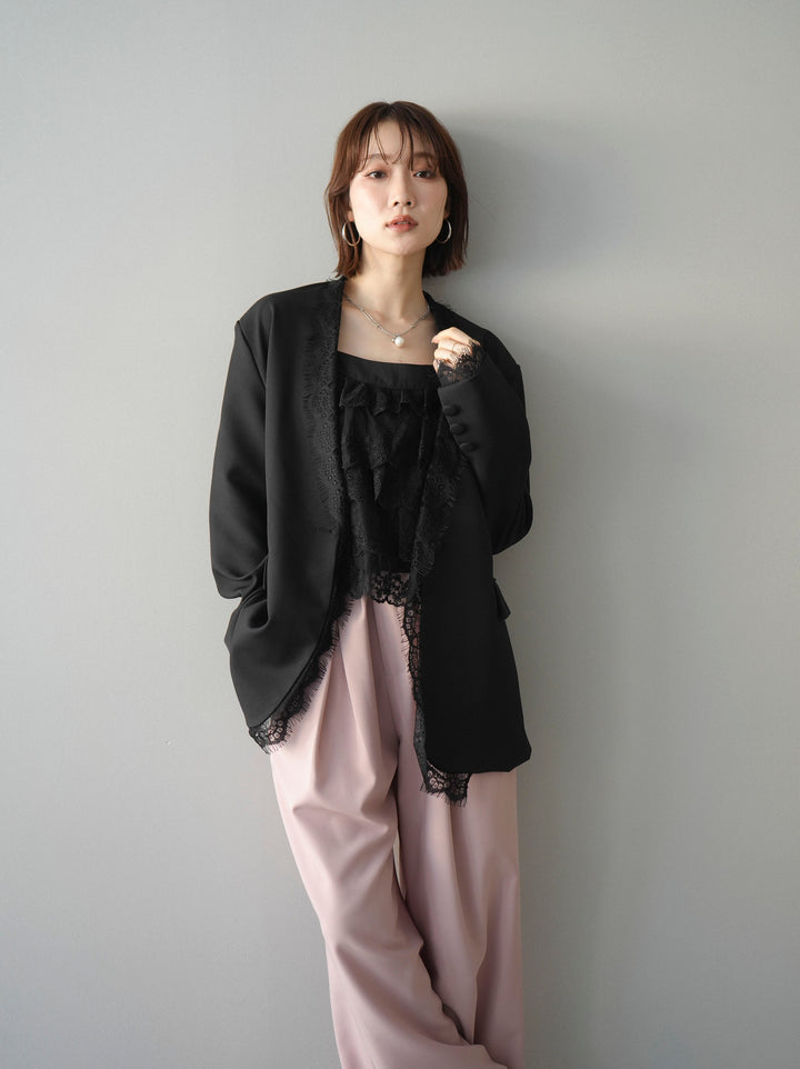 [SET]ノーカラーレースジャケット+スカラップレースフリルキャミソール(2set)