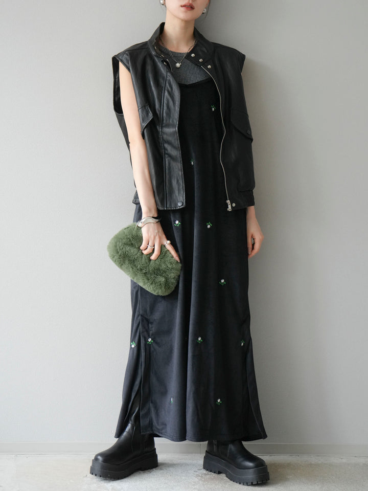 [予約]フラワー刺繍ベロアキャミワンピース/ブラック