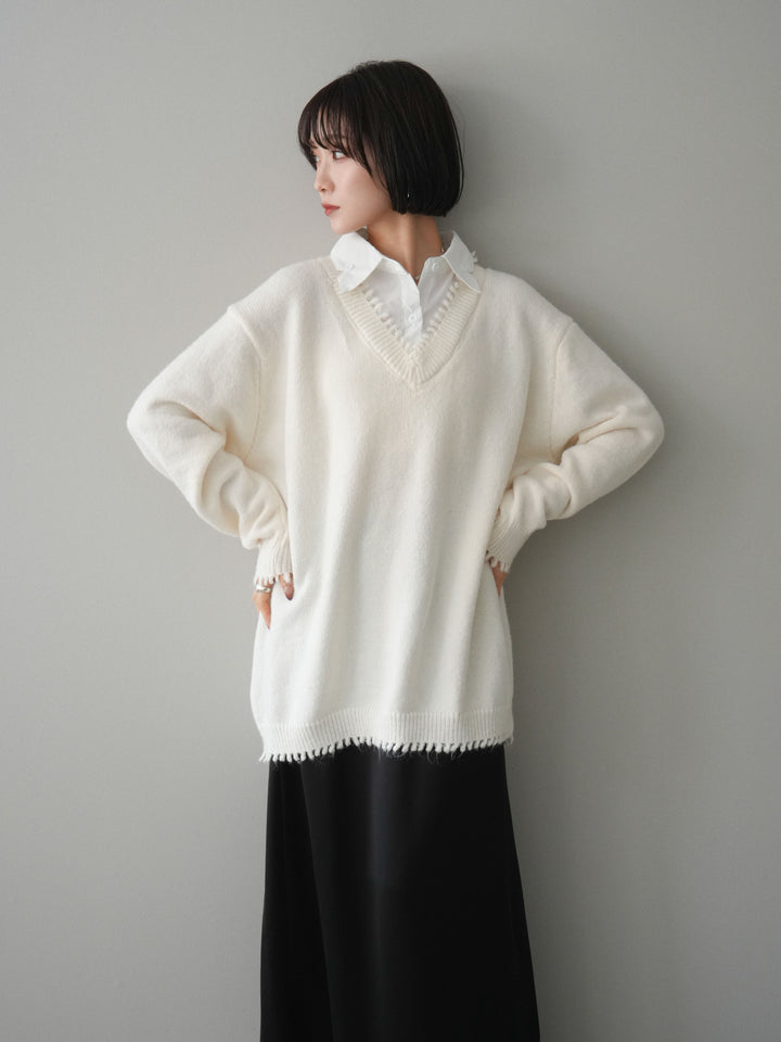 [SET]シャツドッキングVネックフリンジニットプルオーバー+選べるアクセセット(2set)