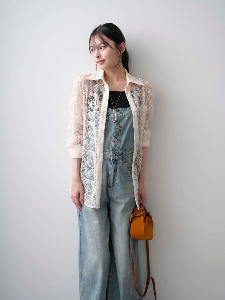 [SET]シアーペイズリー刺繍長袖ブラウス+カップ付きバッククロスキャミソール(2set)