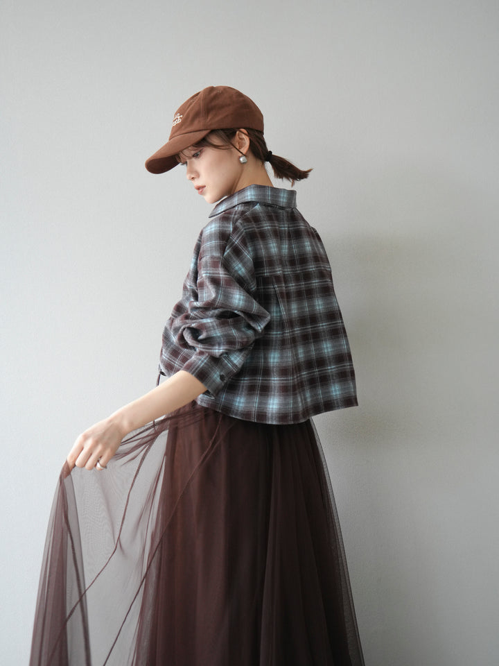 [予約]ドロストクロップネルチェックドシャツ/ブルー