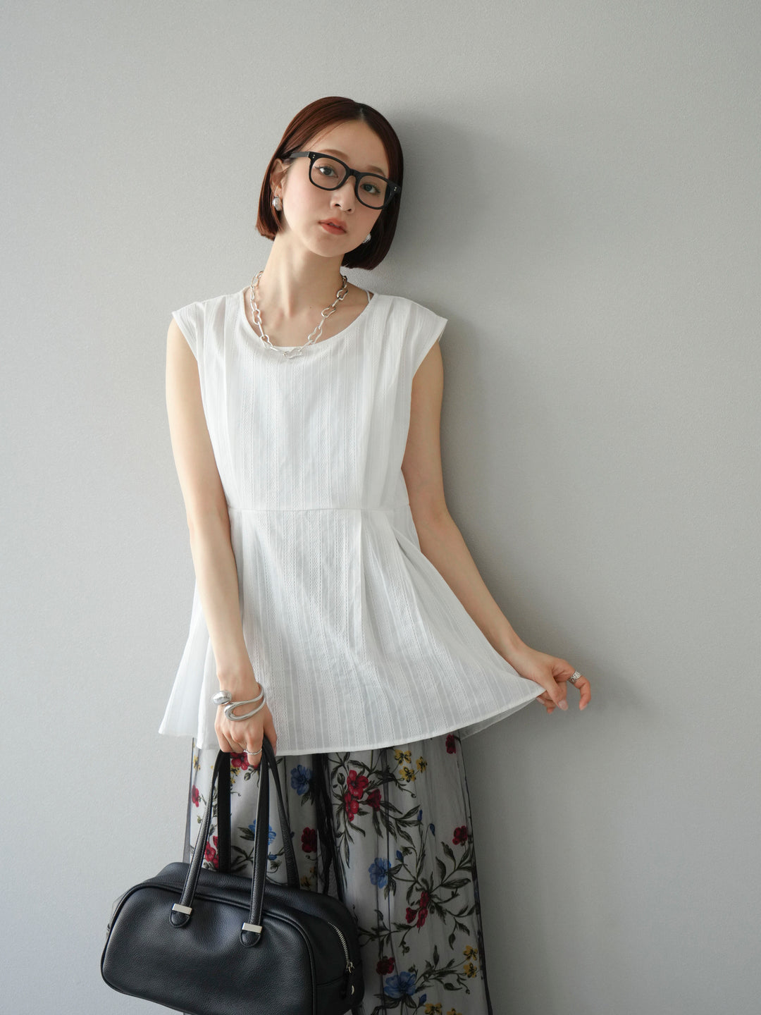 [予約]ドビーストライプタックブラウス/ホワイト