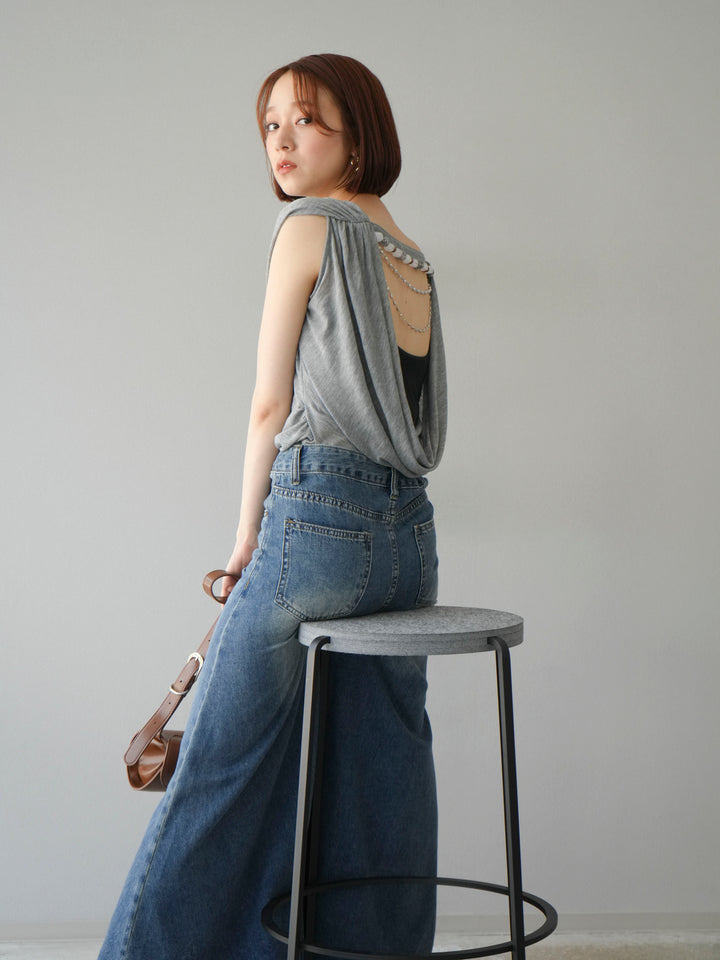 [予約]ビーズチェーン付ドレープトップス/グレー