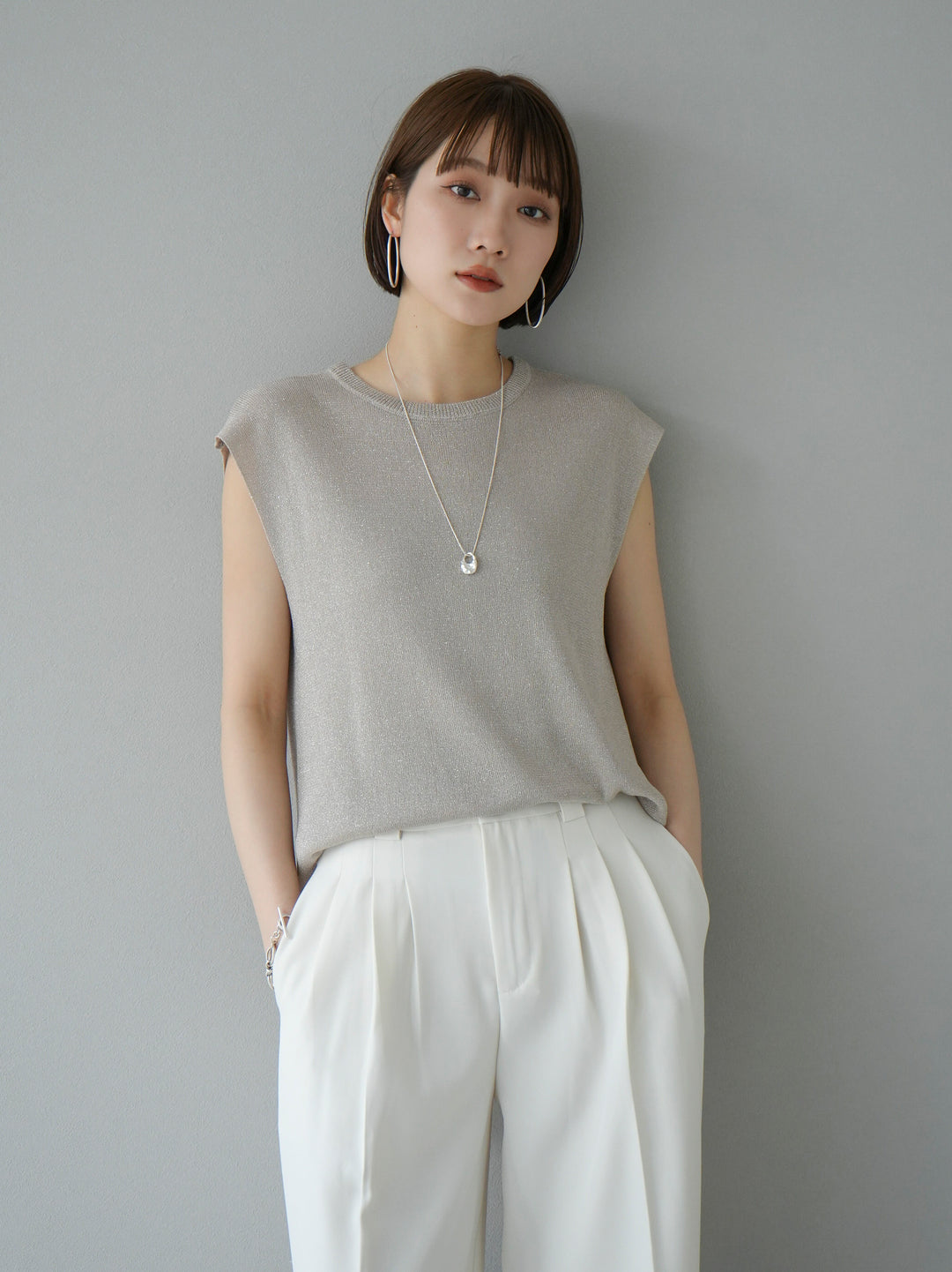 [Pre-order] Lame sheer knit sleeveless top/ivory