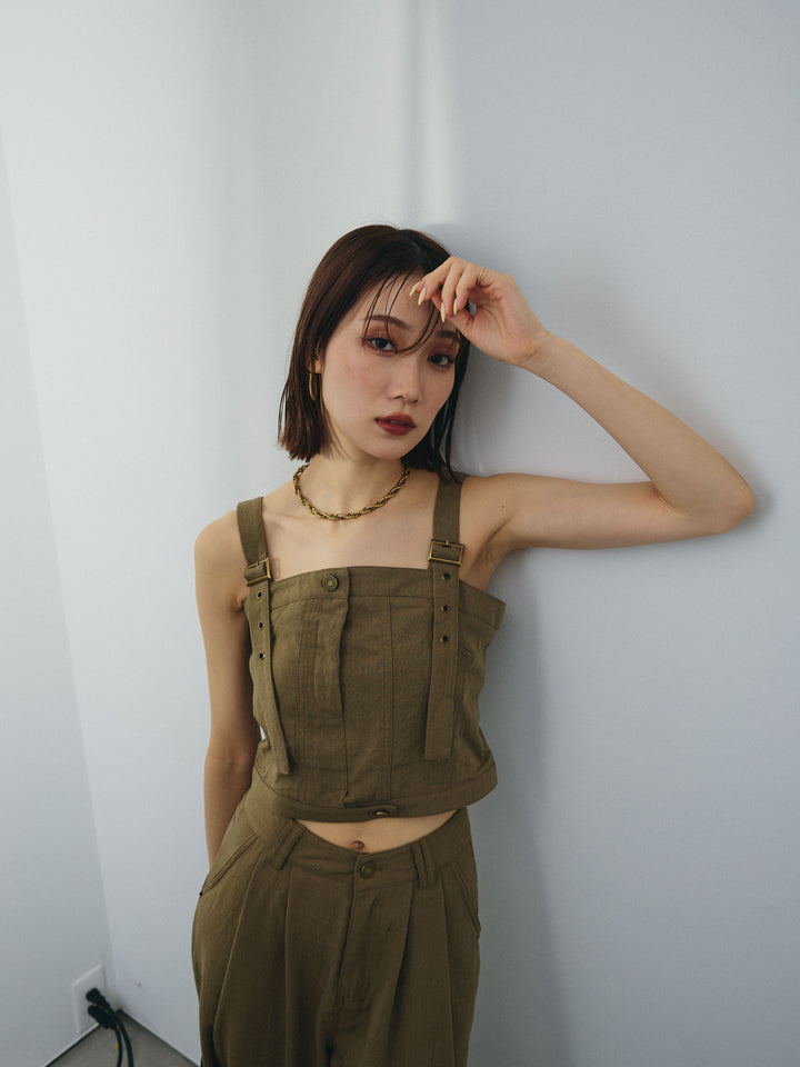 [SET] 亞麻感緊身胸衣＆寬褲套裝（2件套）