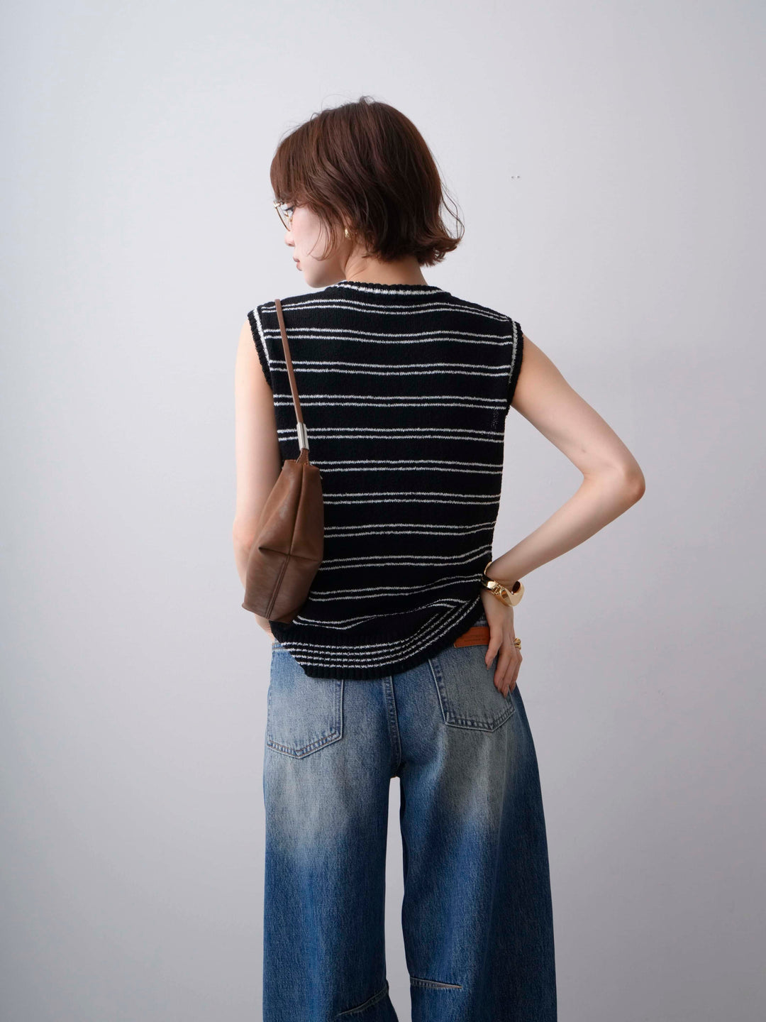 [SET]ボーダーヘンリーノースリニットトップス+立体カーブデニムパンツ(2set)