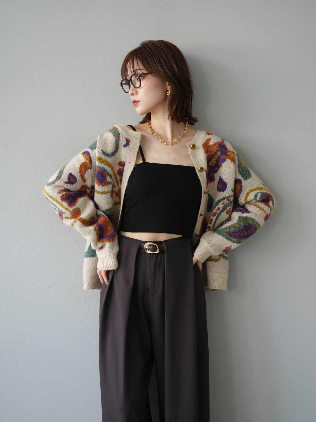 [SET]ミックスヤーンペイズリー柄ニットカーディガン+ベルトループデザインワイドパンツ(2set)