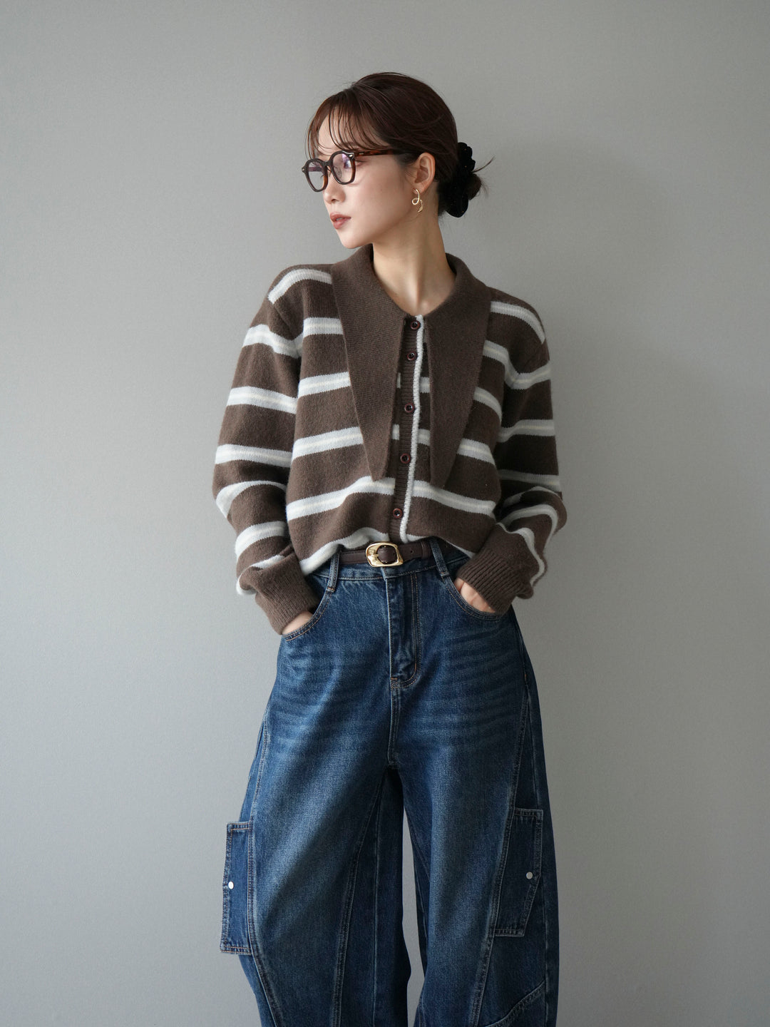 [予約]ボウタイボーダーニットカーディガン/brown